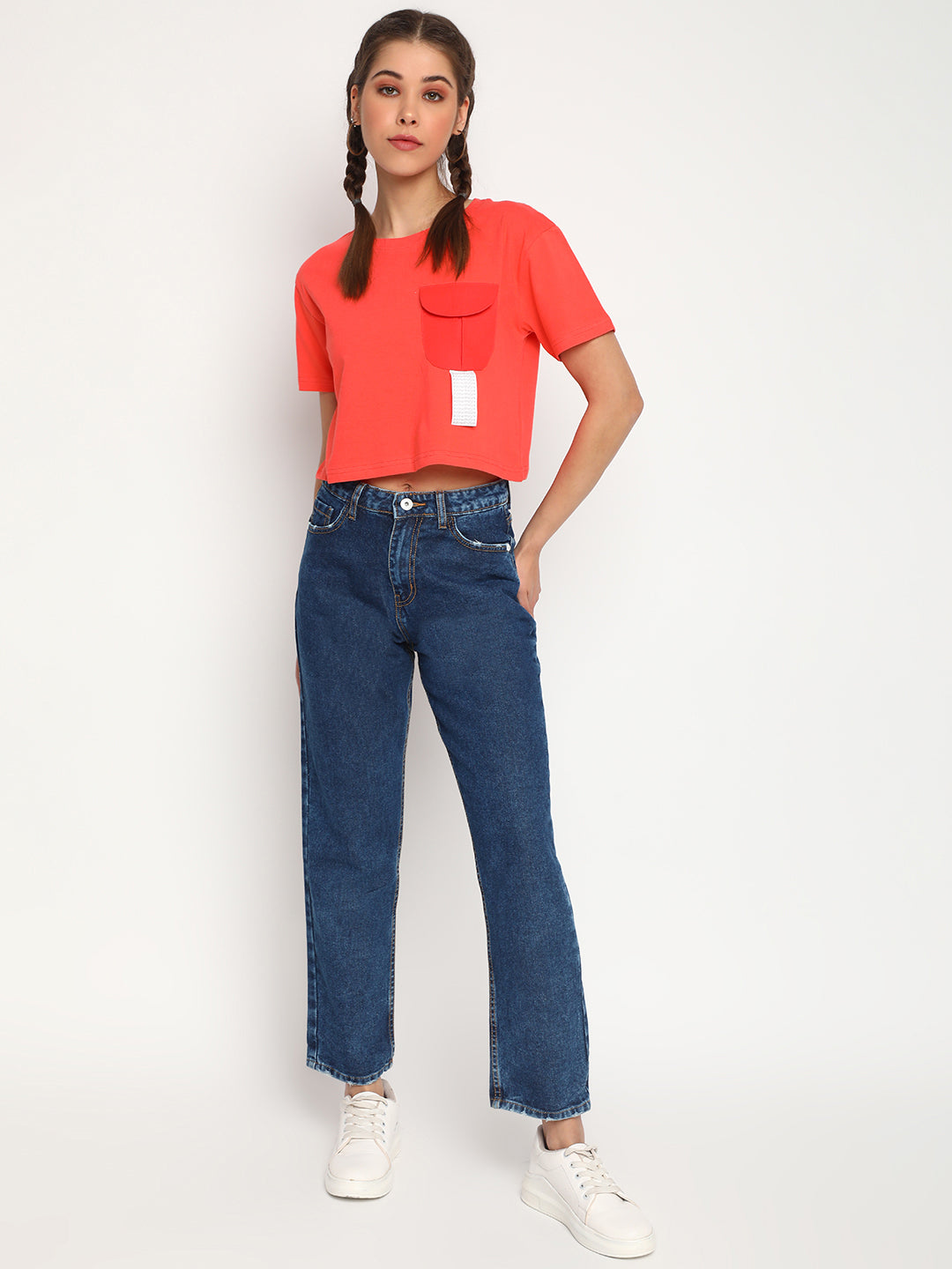 Women Peach Round Pocket Crop Top