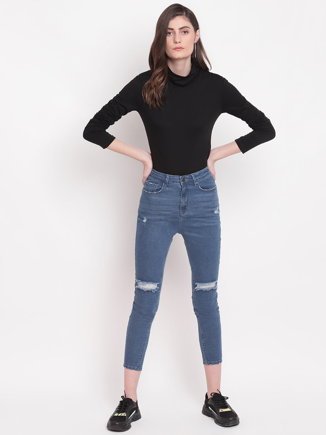 Women Mid Blue Distressed Super High Waist Skinny Denim Jeans