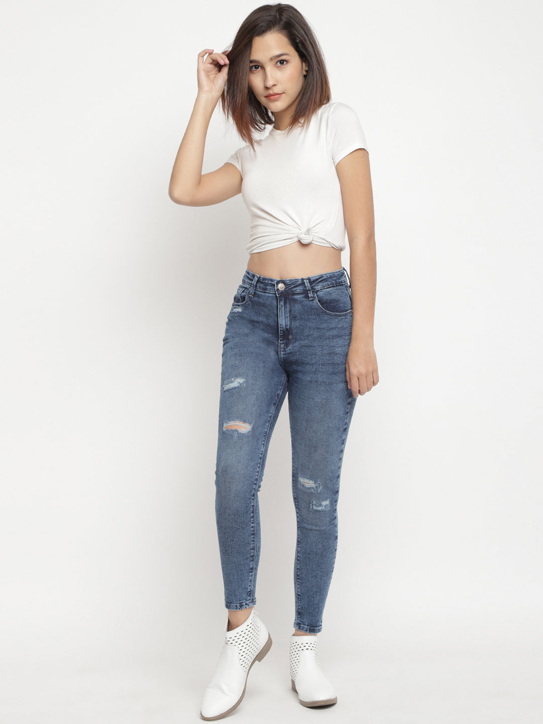 Women High Waist Mid Blue Distressed Super Skinny Denim Jeans