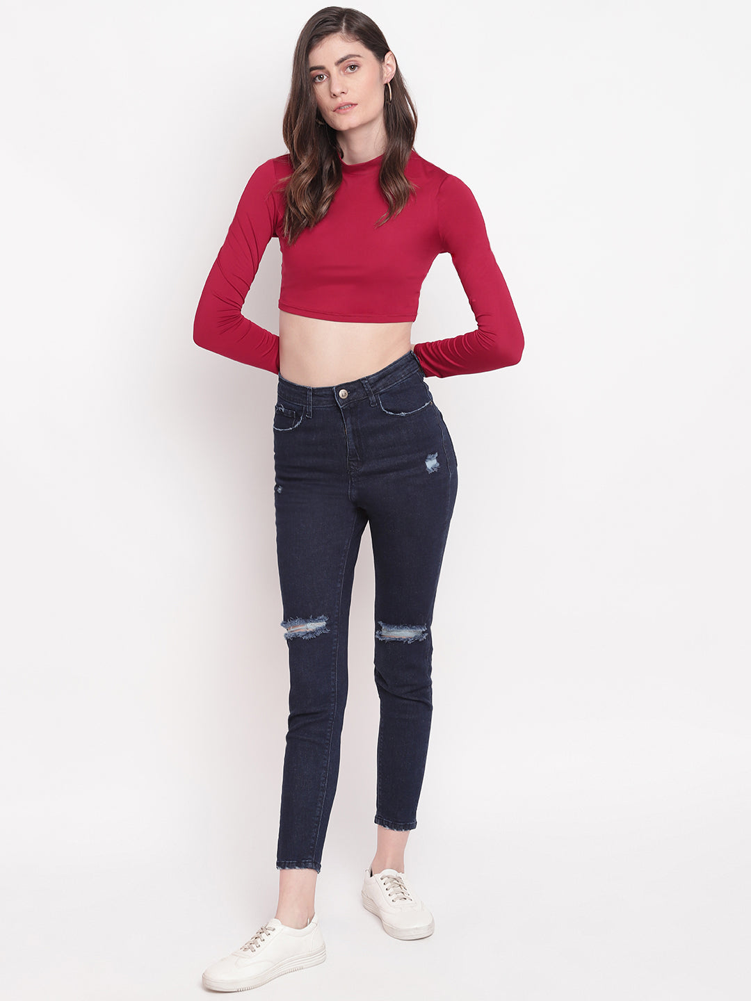 Women Super High Waist Skinny Fit Dark Blue Side Tape Denim Jeans