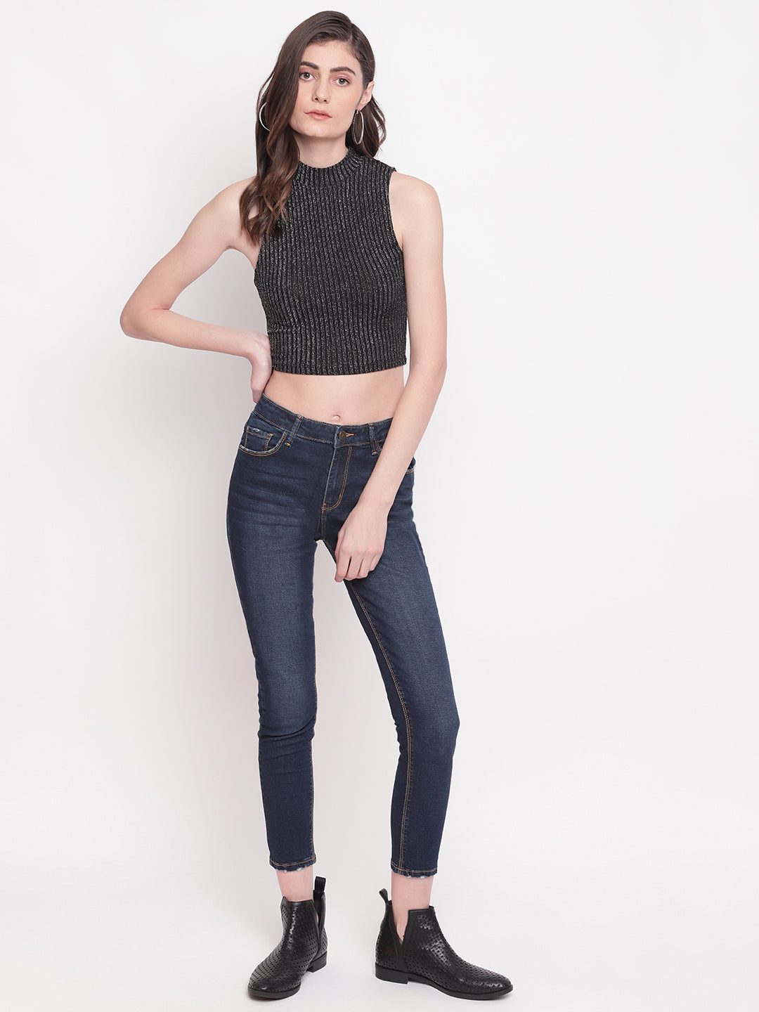 Women Dark Blue Mid Waist Slim Fit Denim Jeans