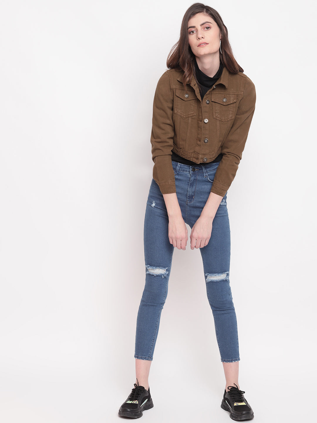 Women Olive Cropped Denim Jacket