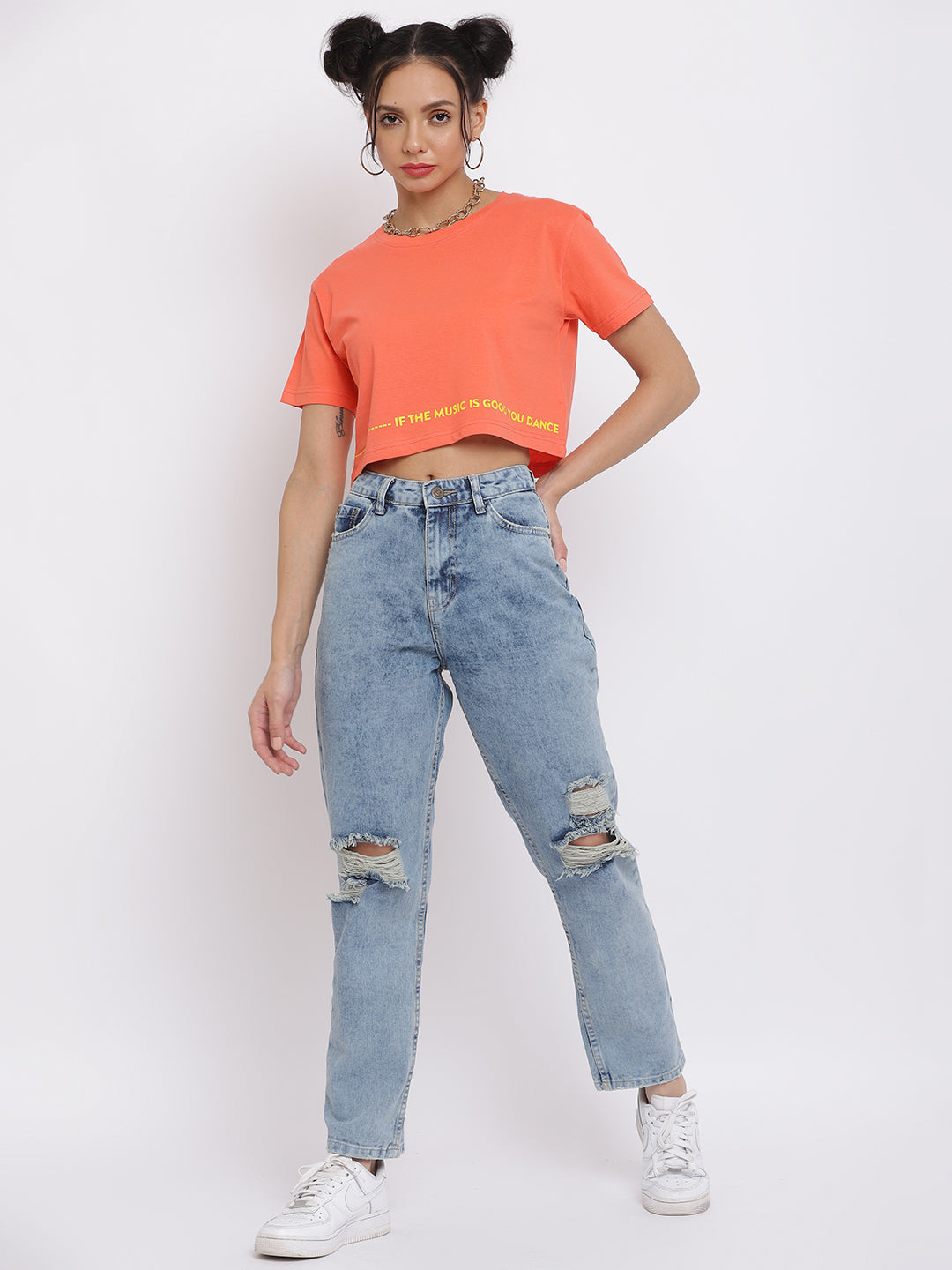 Women Orange Typography Printed Crop Top