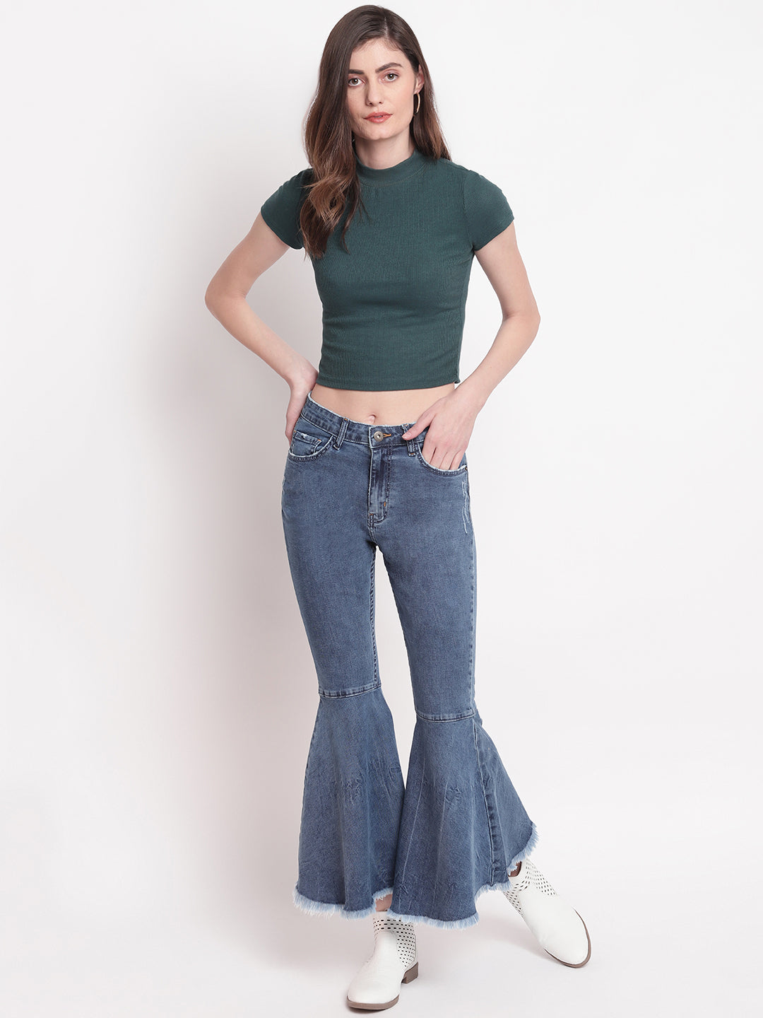 Women Mid-Blue Skinny Fit Flared High Waist Denim Jeans
