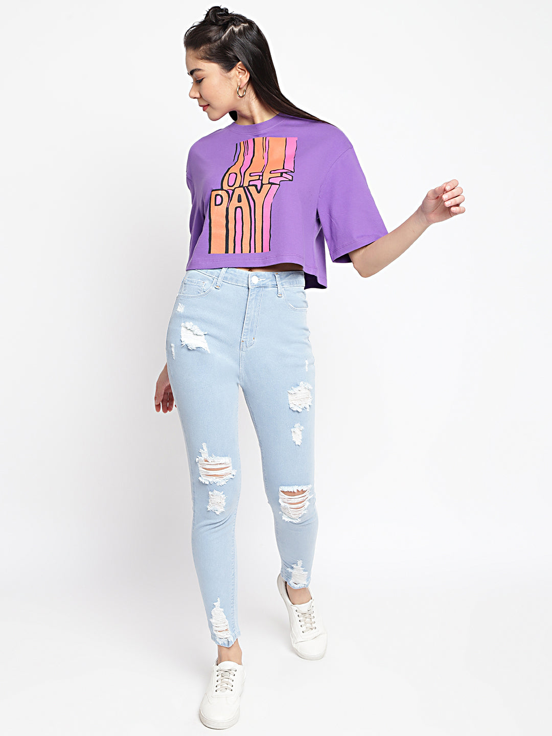 Women High Waist Light Blue Distressed Slim Fit Denim Jeans