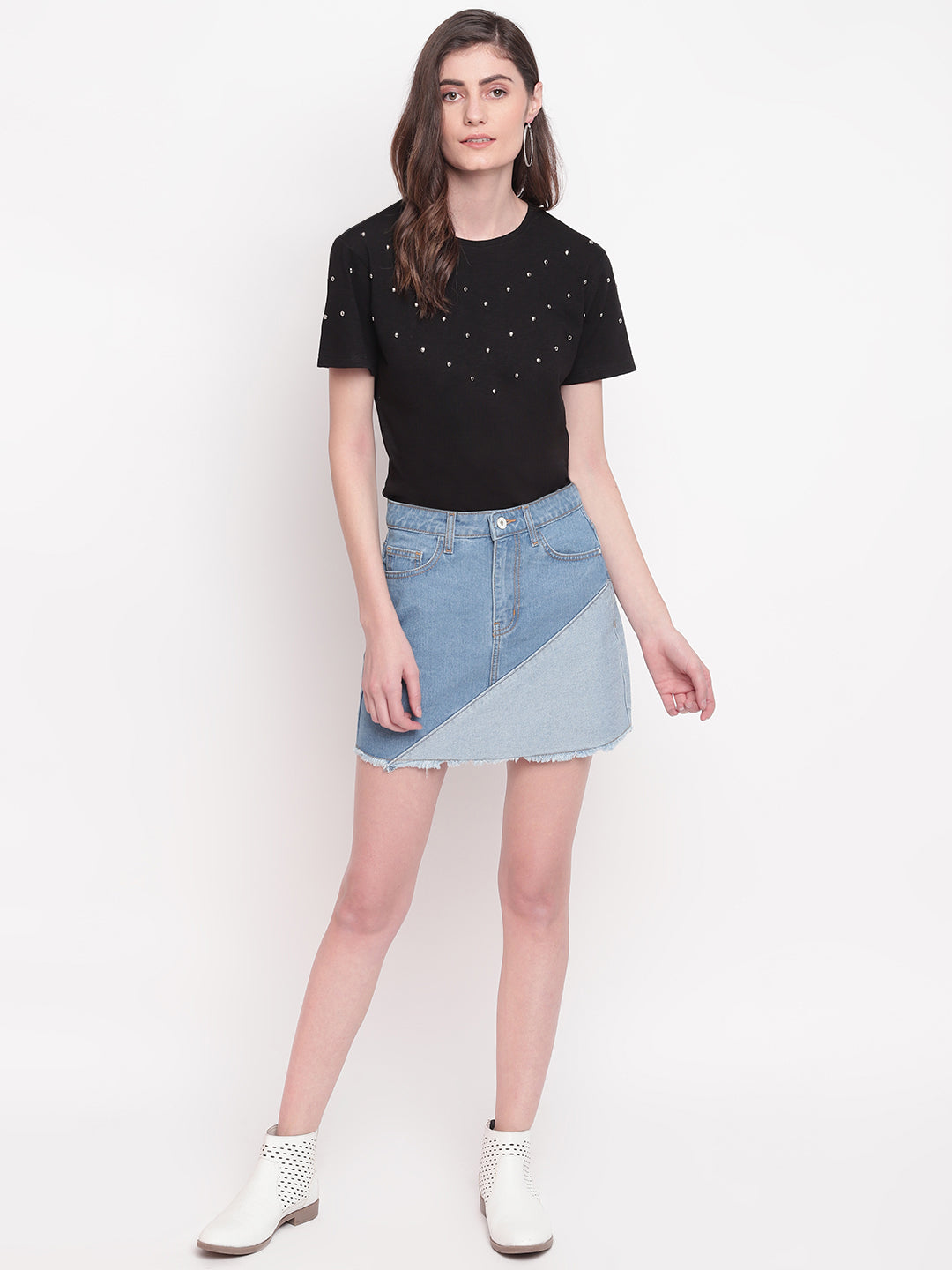 Women Mid Blue Asymmetrical Cut and Sew Skirt