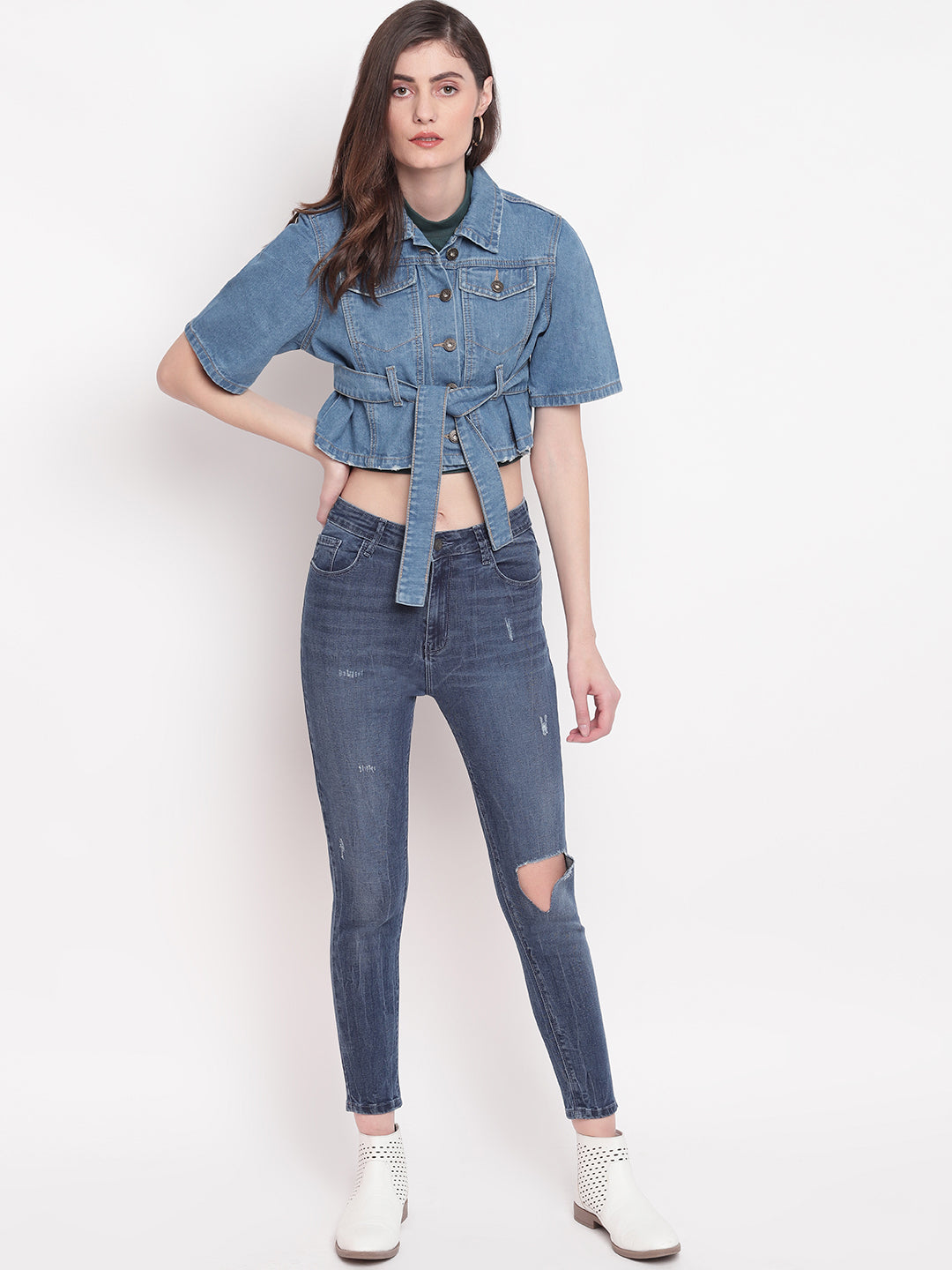 Women Light Blue Cropped Denim Jacket With Belt