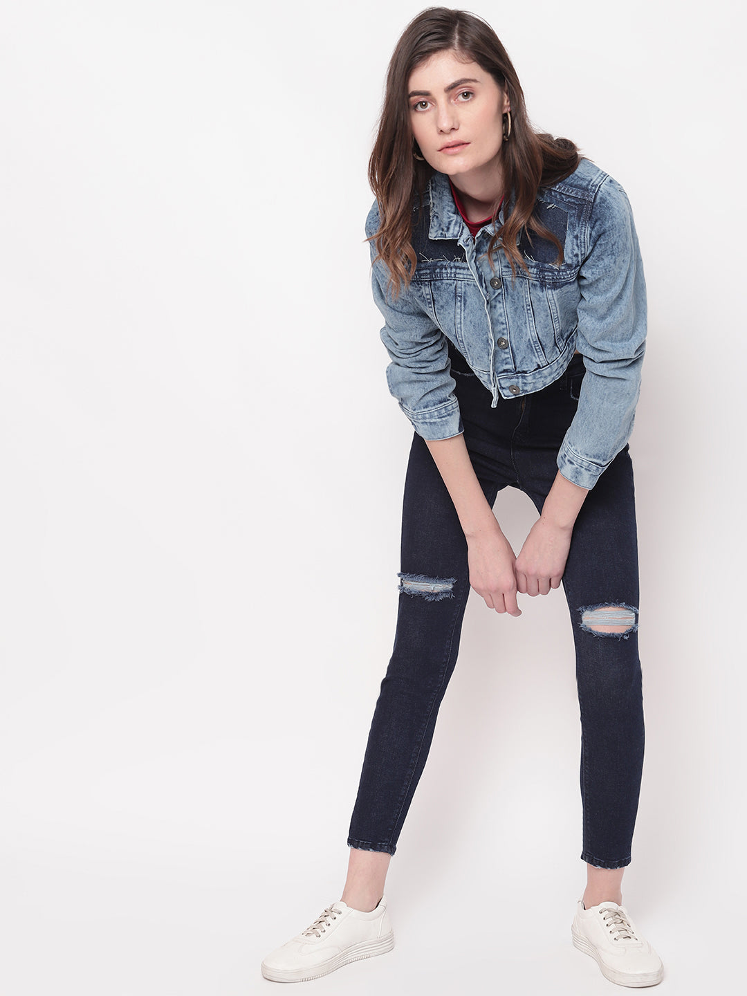 Women Mid Blue Cropped Patched Denim Jacket