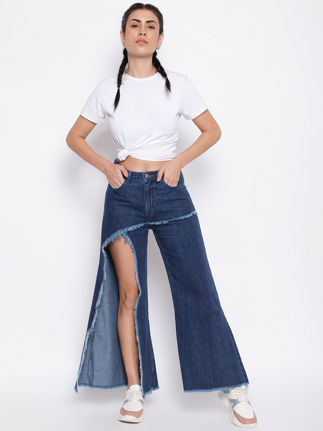 Asymmetric Front Slit Flared Jeans