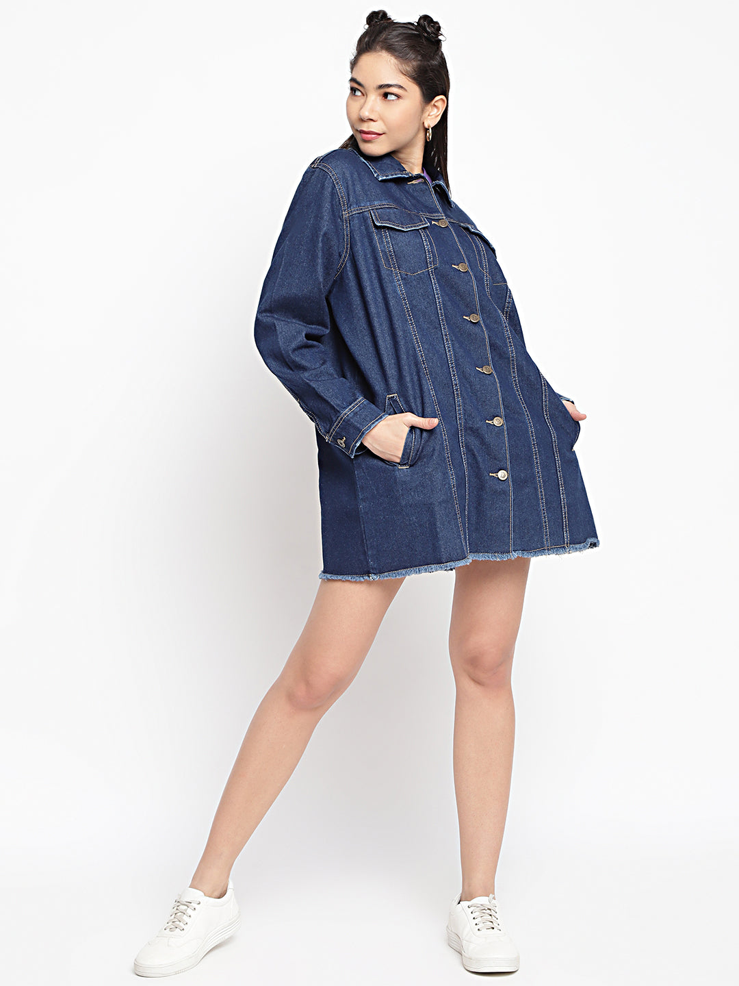 Women Dark Blue Long Denim Jacket With Frey Hem