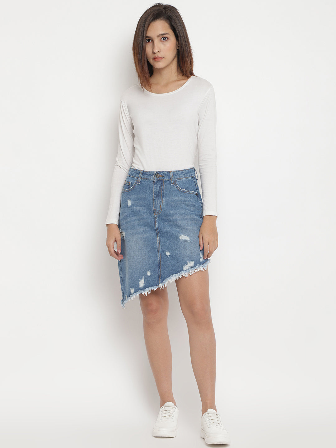 Women Mid Blue Basic Back Asymmetrical Skirt