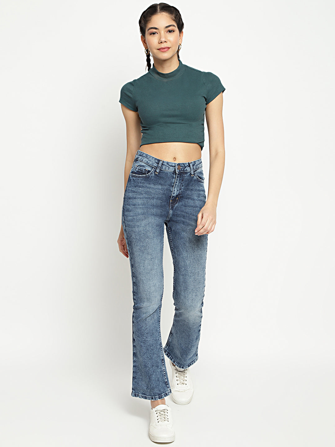 Women High Waist Mid Blue Boot-Cut Fit Denim Jeans