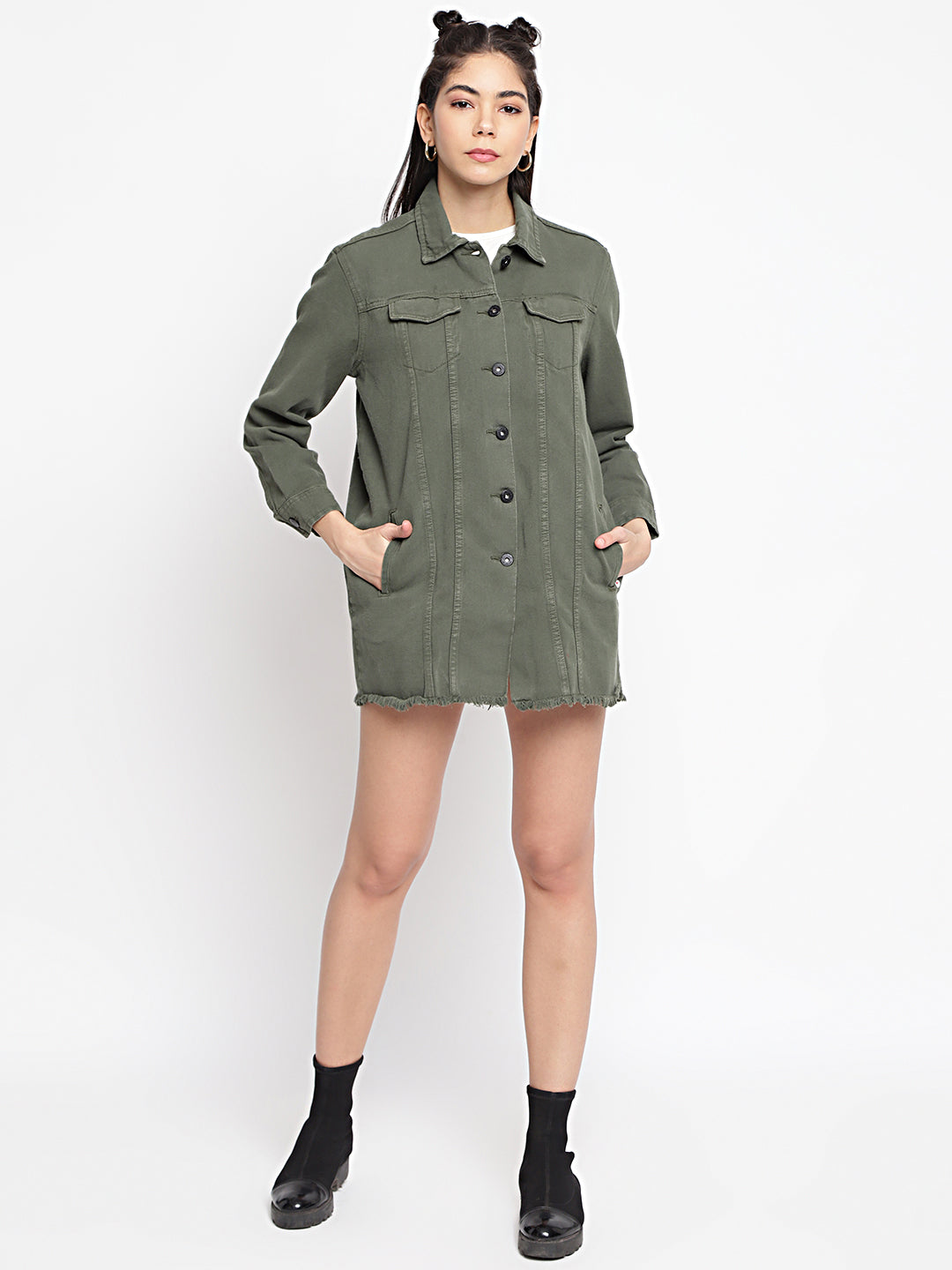 Women Olive Long Denim Jacket With Frey Hem