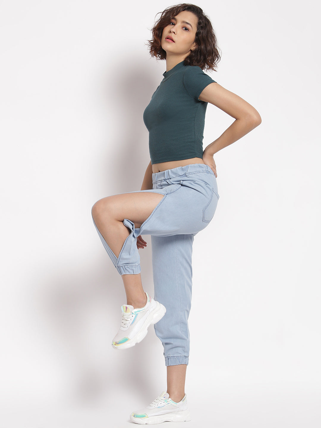 Blue Side Slit Denim Joggers