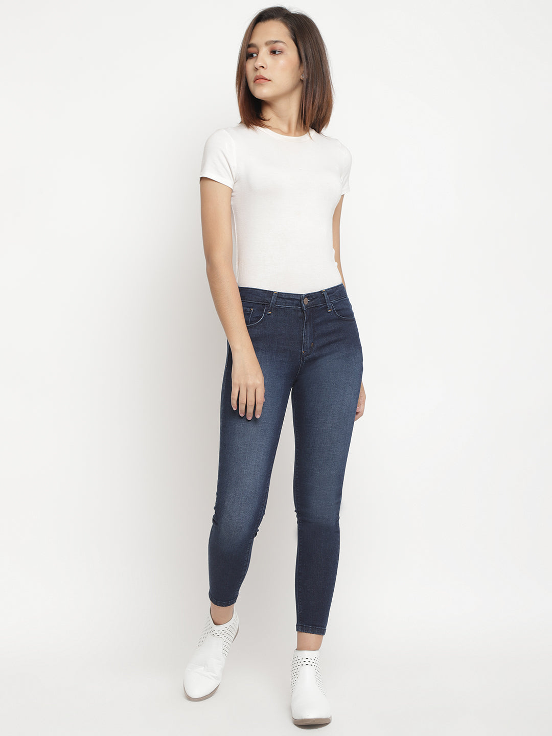 Women Mid Waist Dark Blue Super Skinny Jeans