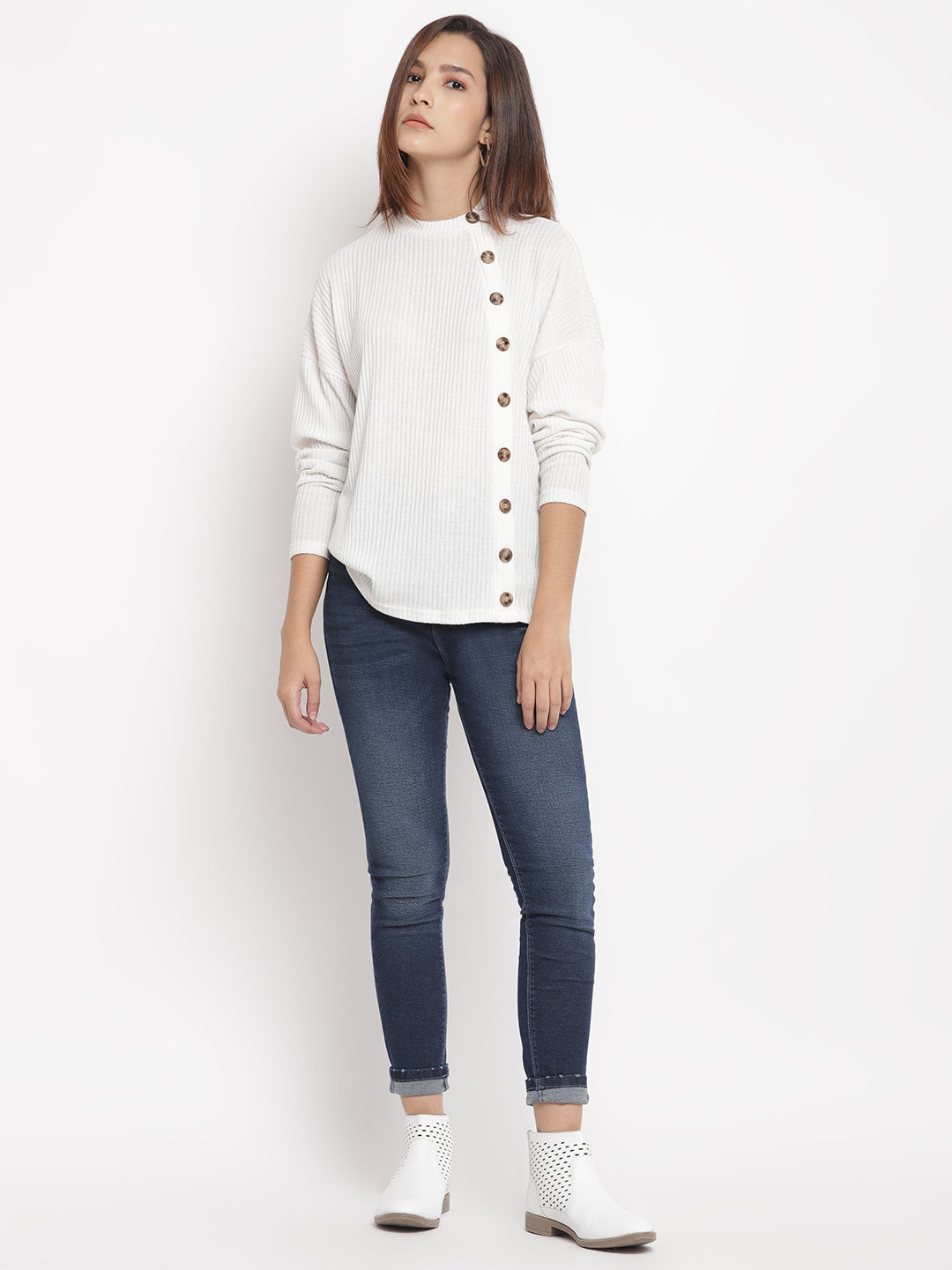 Women High Waist Dark Blue Whisker Slim Fit Denim Jeans
