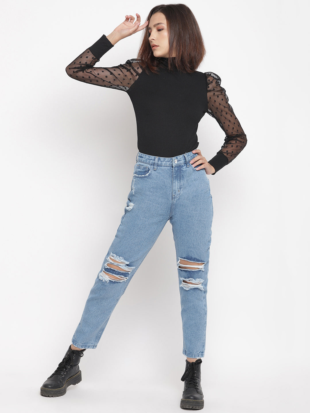 Women Mid Blue Distressed Boyfriend Fit Denim Jeans