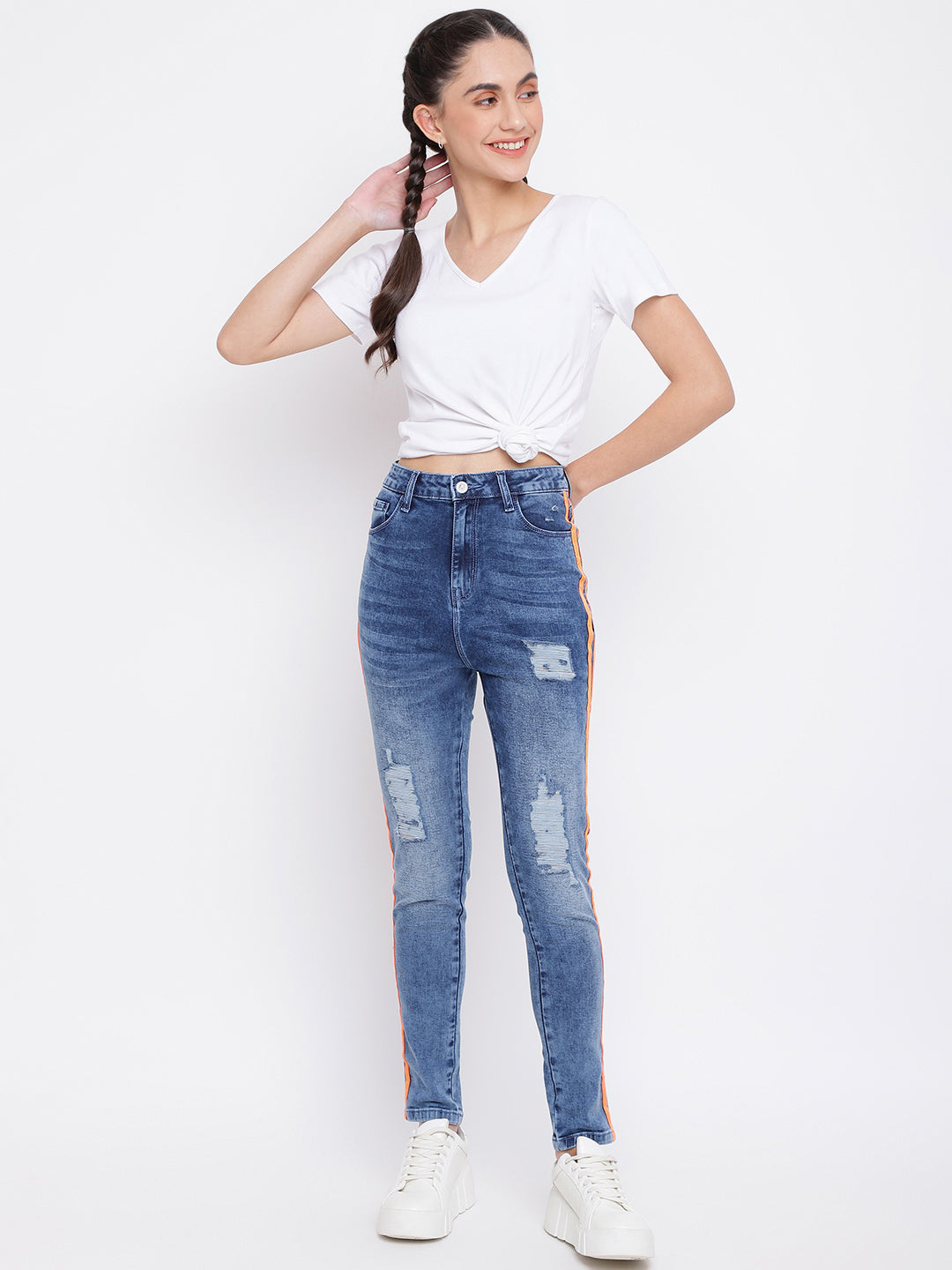 Distressed Side Tape Skinny Jeans