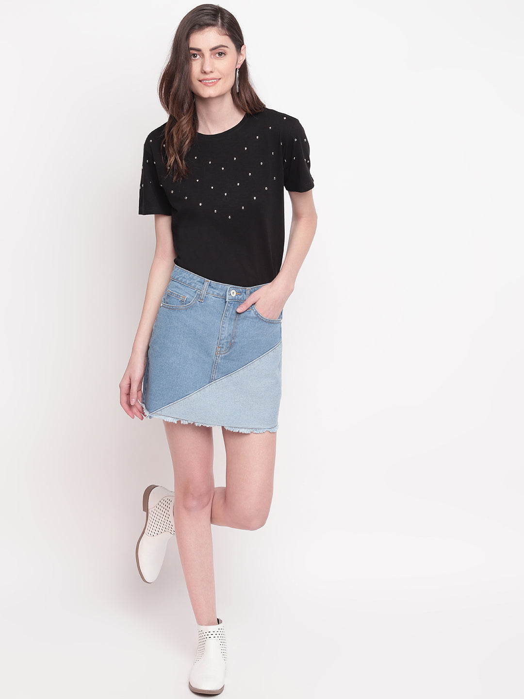 Women Mid Blue Asymmetrical Cut and Sew Skirt