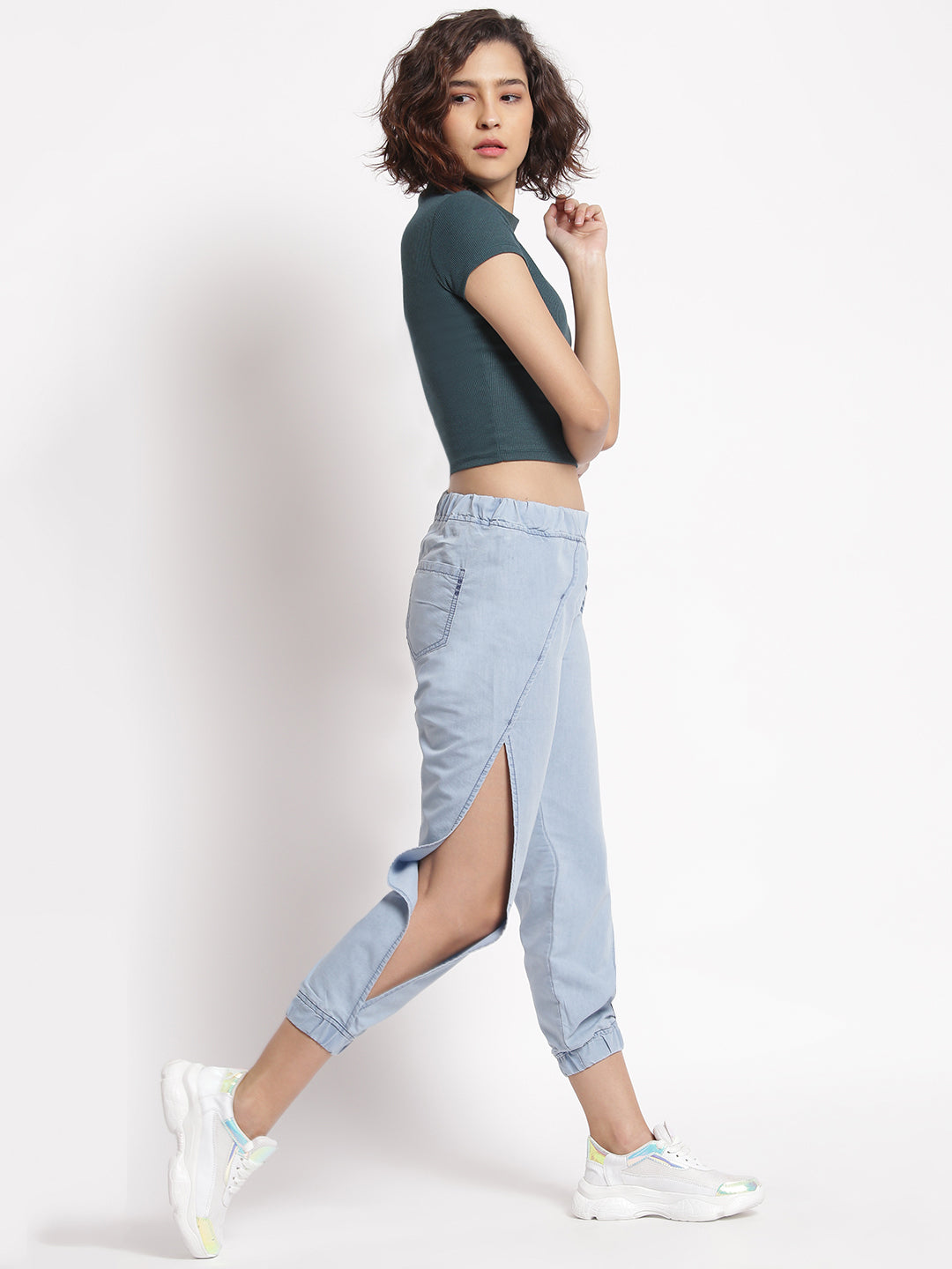 Blue Side Slit Denim Joggers