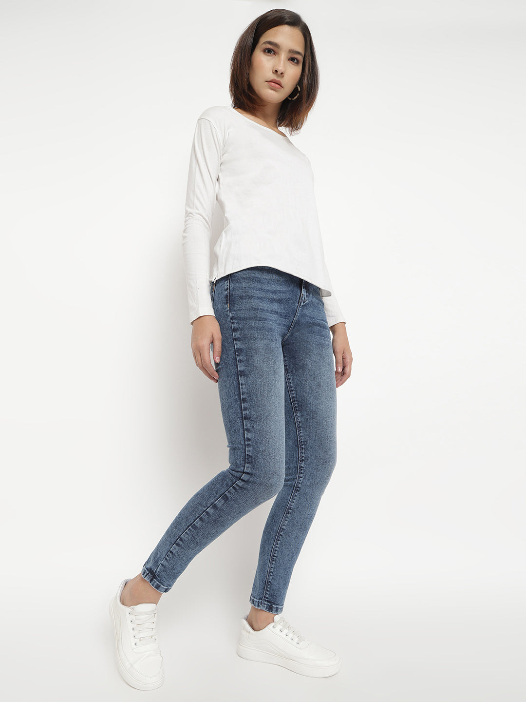 Women High Waist Mid Blue Smokey-Whisker Slim Fit Denim Jeans