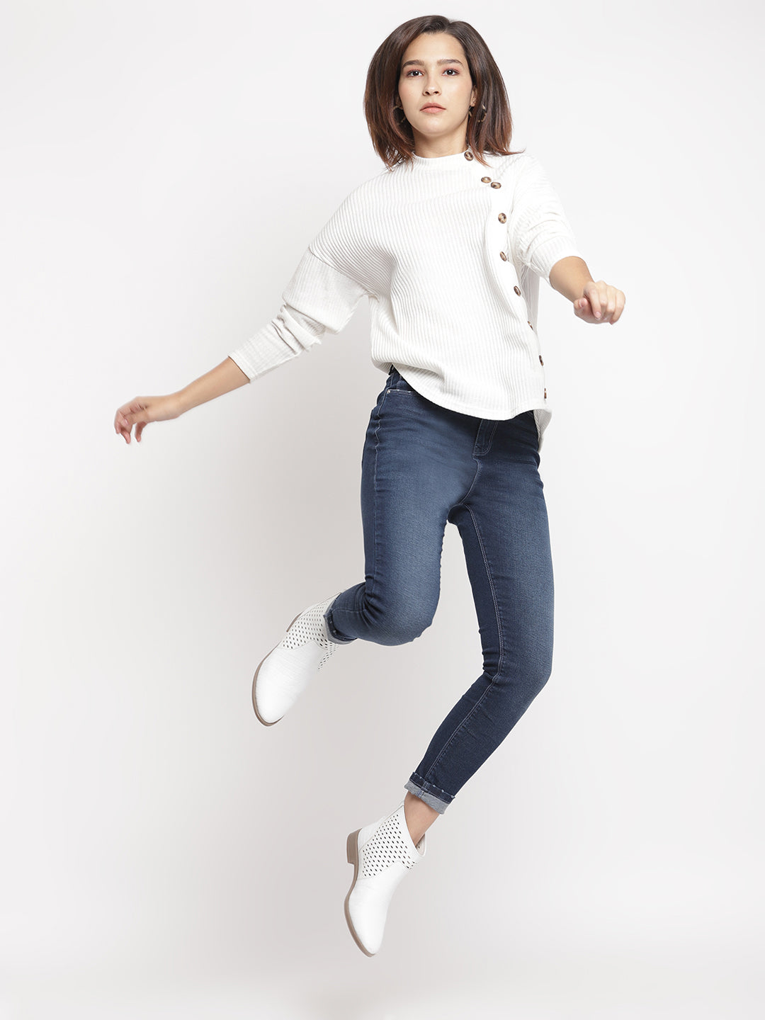 Women High Waist Dark Blue Whisker Slim Fit Denim Jeans