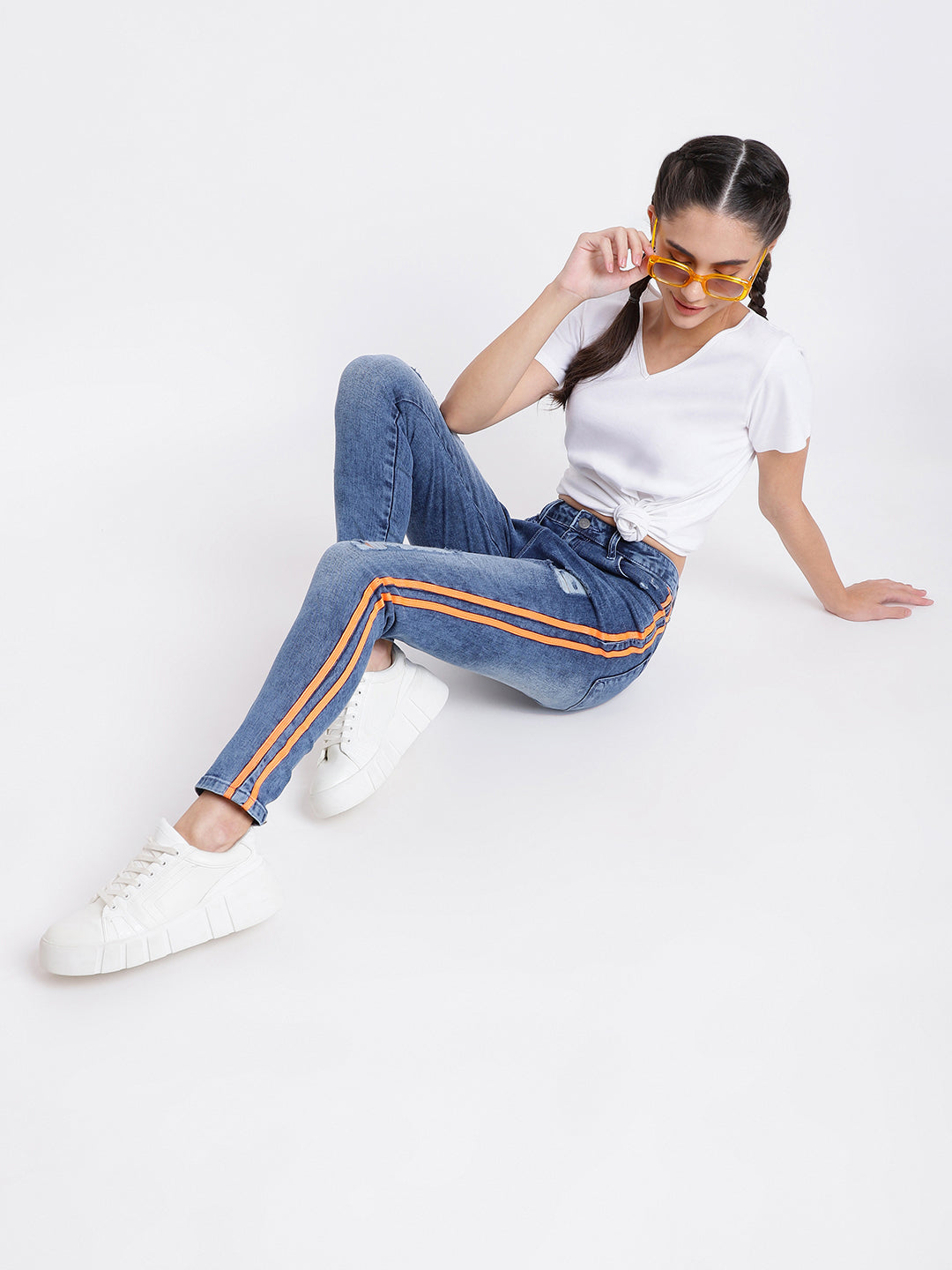 Distressed Side Tape Skinny Jeans