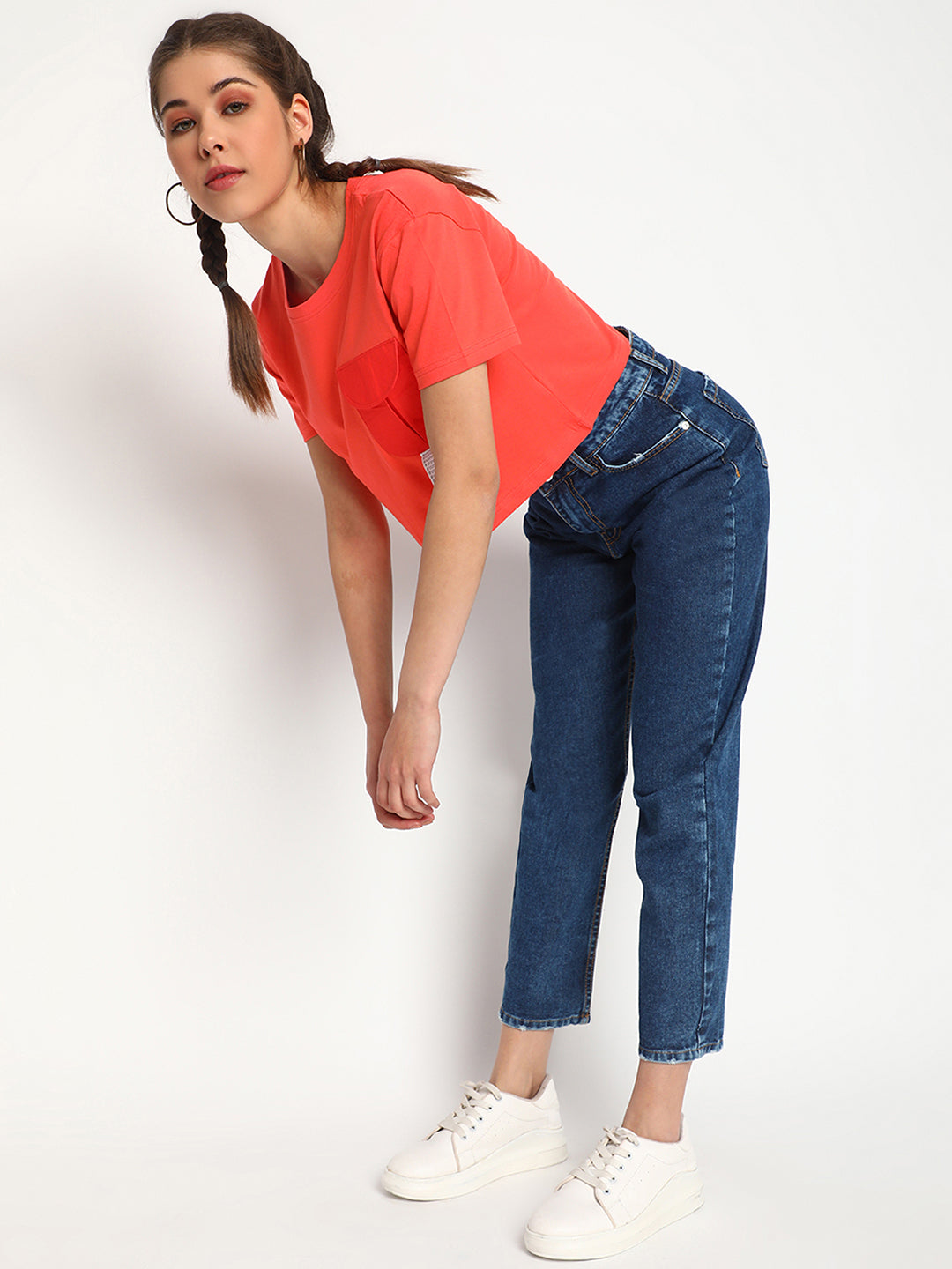 Women Peach Round Pocket Crop Top