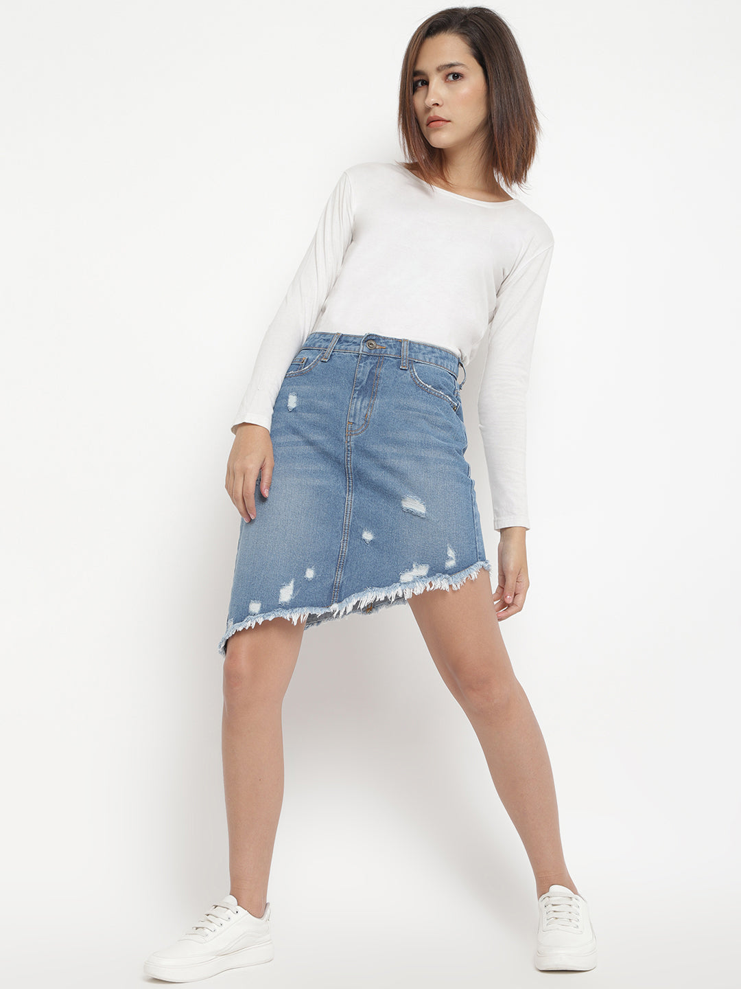 Mid Blue Basic Back Asymmetrical Skirt