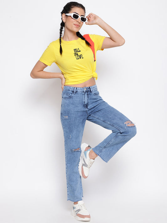 Yellow  Cotton Printed T-shirt