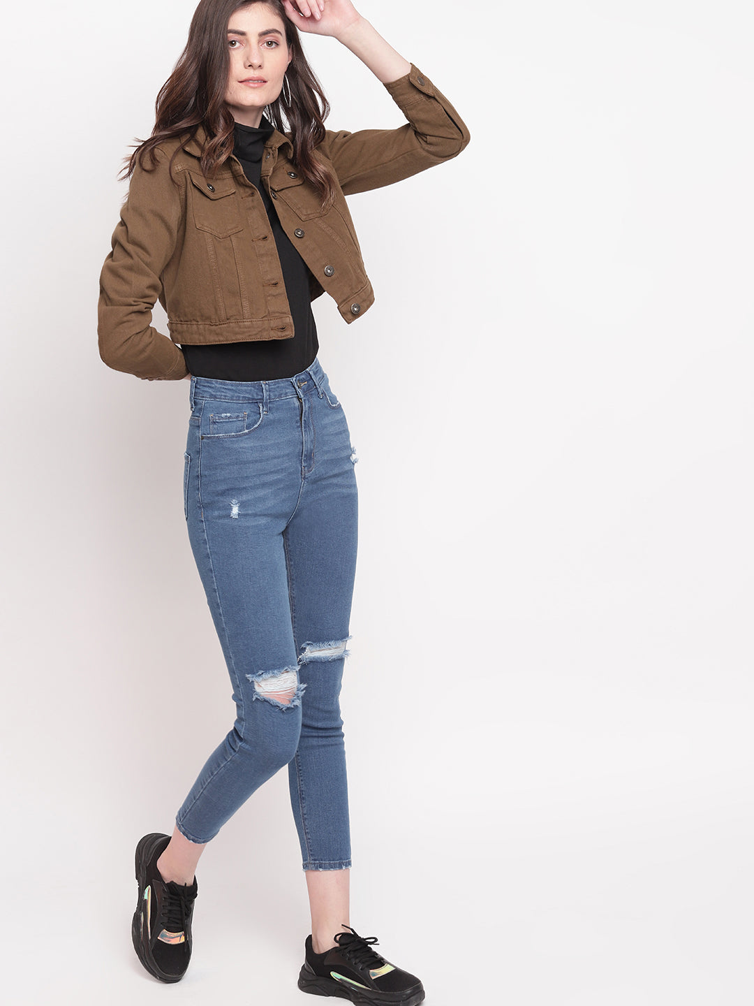 Women Olive Cropped Denim Jacket