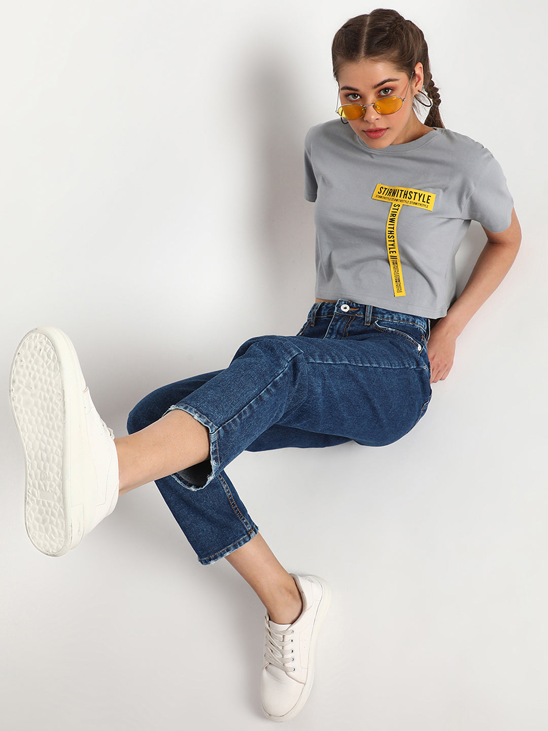 Women Grey Tape Detail Crop Top