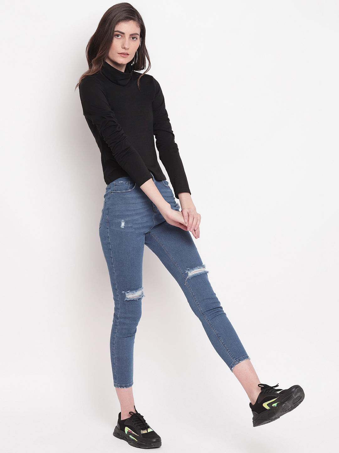 Women Mid Blue Distressed Super High Waist Skinny Denim Jeans