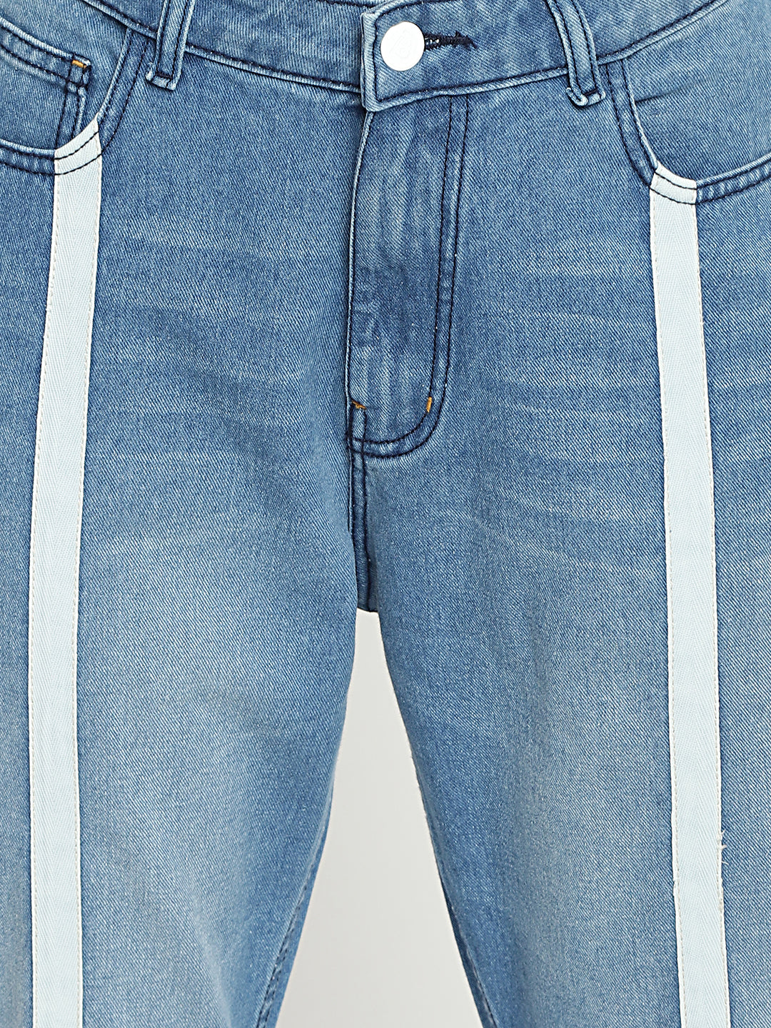Women High Waist Tape Detail Mid Blue Mom Fit Denim Jeans