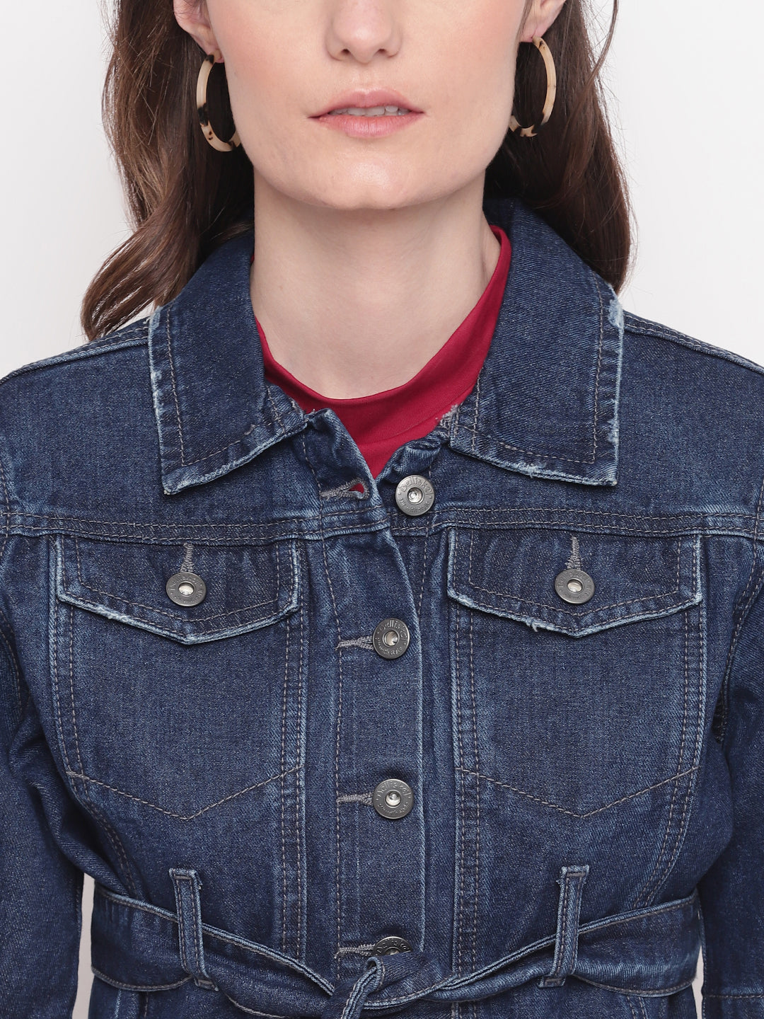 Women Dark Blue Cropped Denim Jacket With Belt