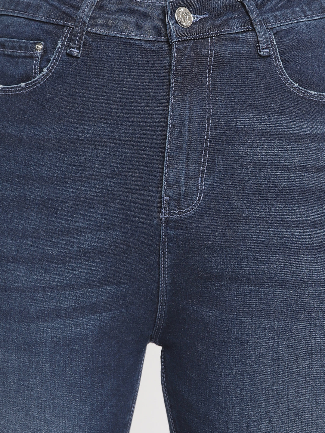 Women High Waist Dark Blue Whisker Slim Fit Denim Jeans