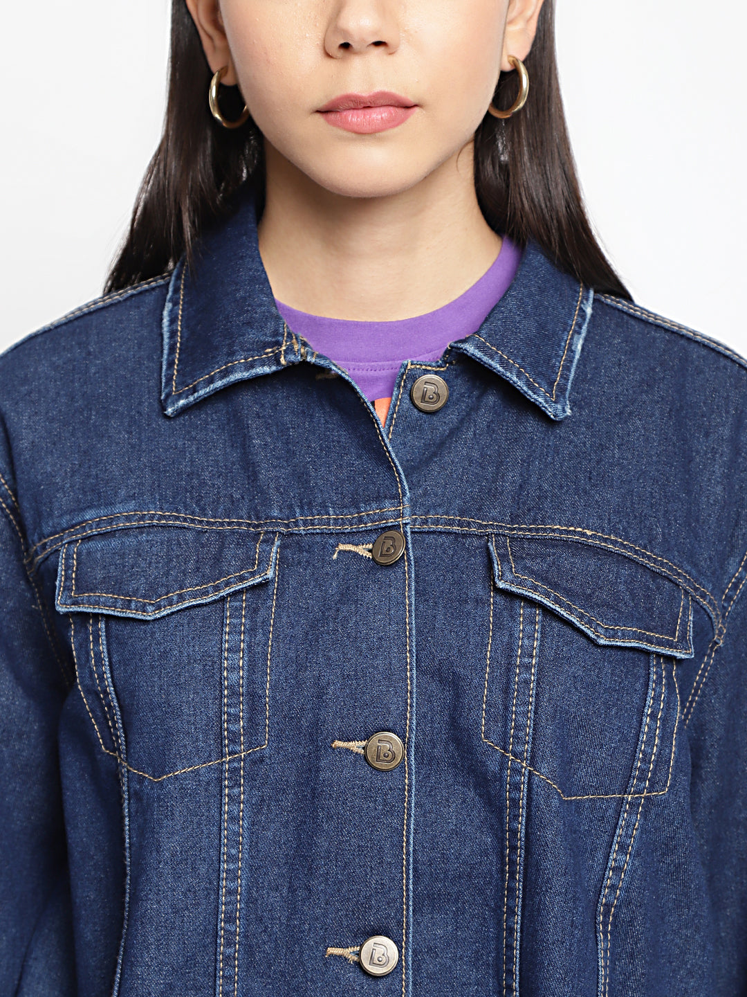 Women Dark Blue Long Denim Jacket With Frey Hem
