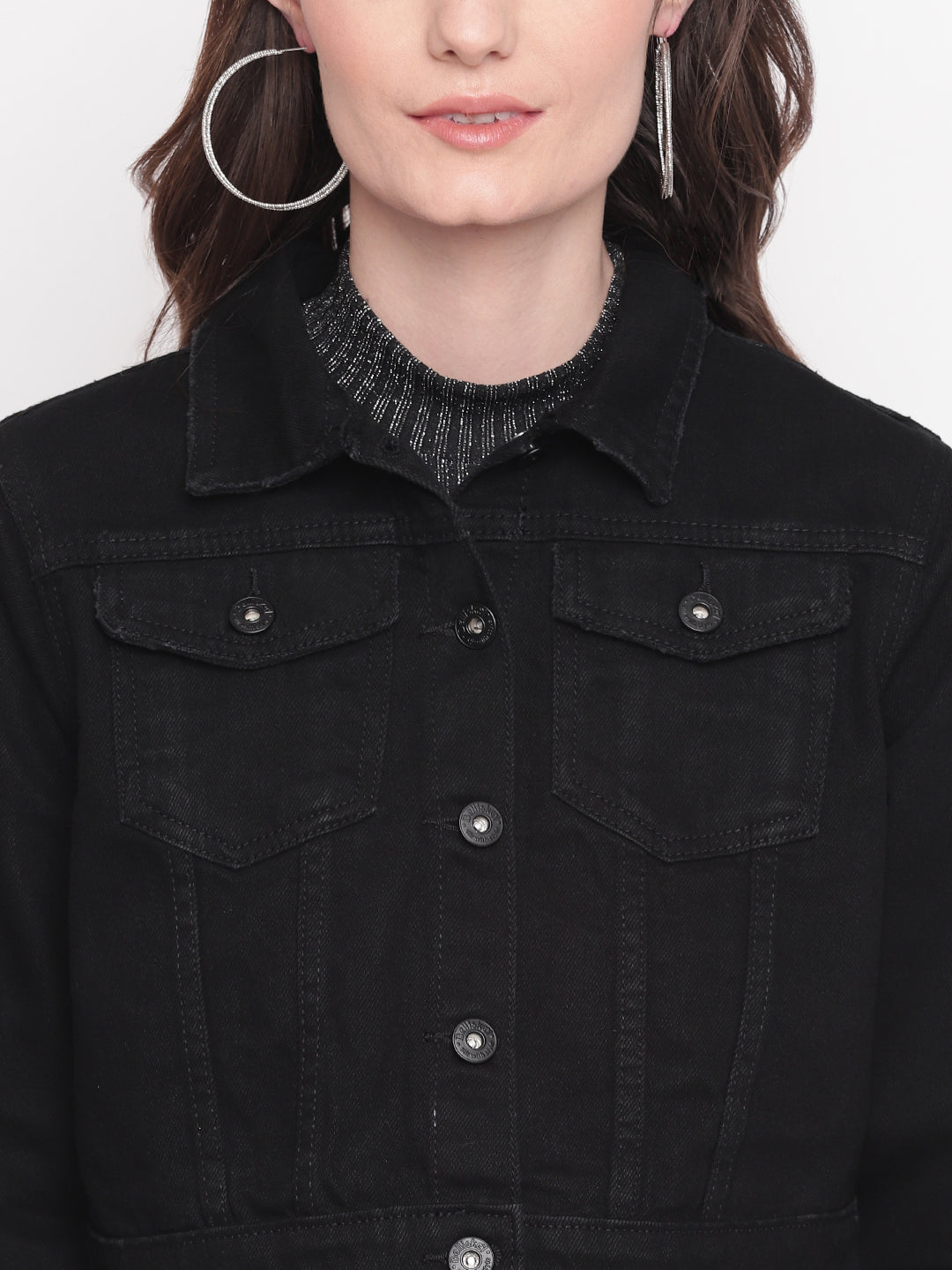 Women Black Cropped Denim Jacket