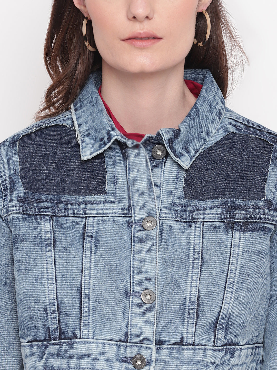 Women Mid Blue Cropped Patched Denim Jacket