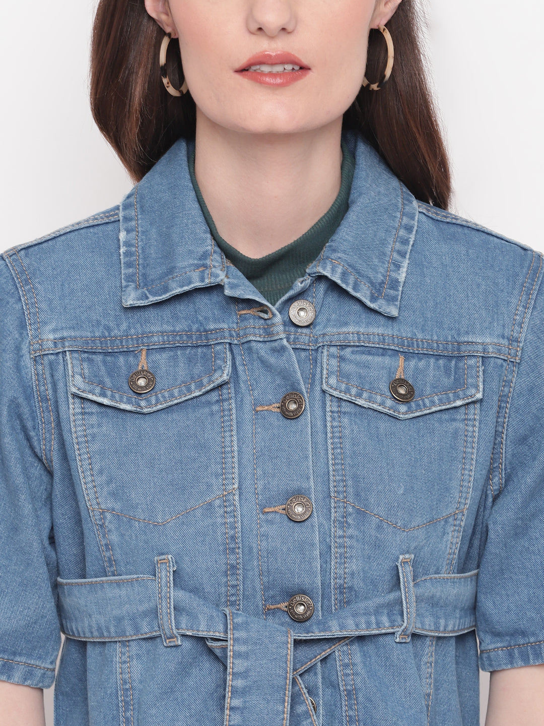 Women Light Blue Cropped Denim Jacket With Belt