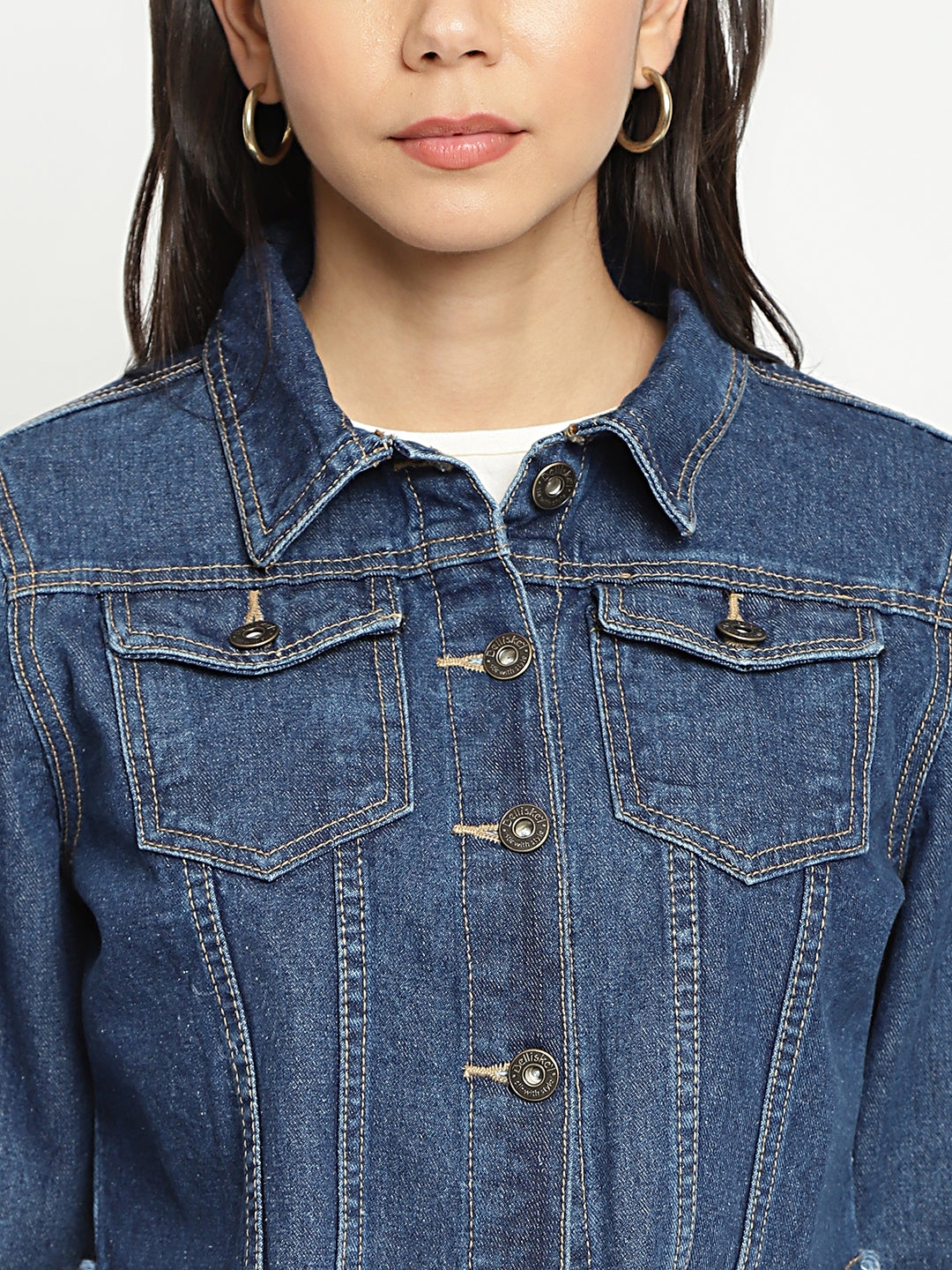 Women Mid Blue Cropped Denim Jacket With Frey Hem