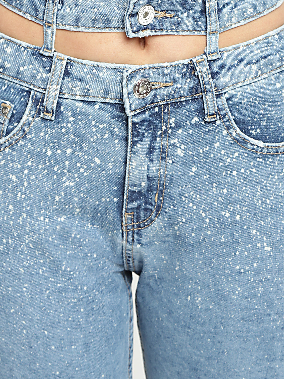 Women Mid Waist Light Blue Belt Detailed Slim Fit Denim Jeans