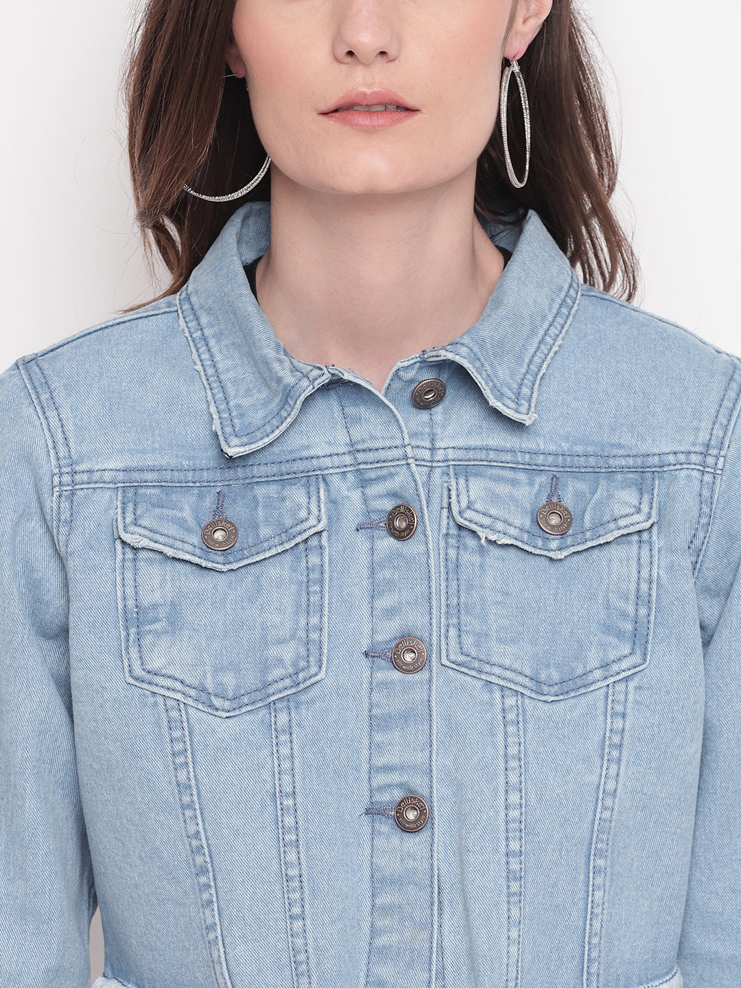 Women Light Blue Cropped Denim Jacket With Frey Hem