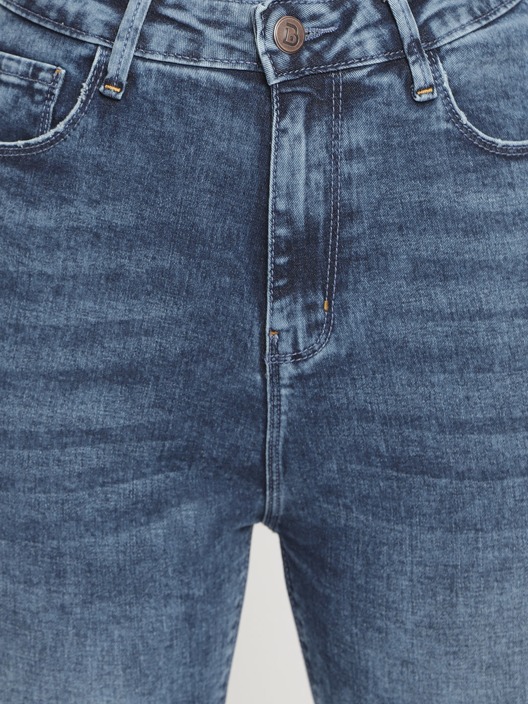 Women High Waist Mid Blue Smokey-Whisker Slim Fit Denim Jeans