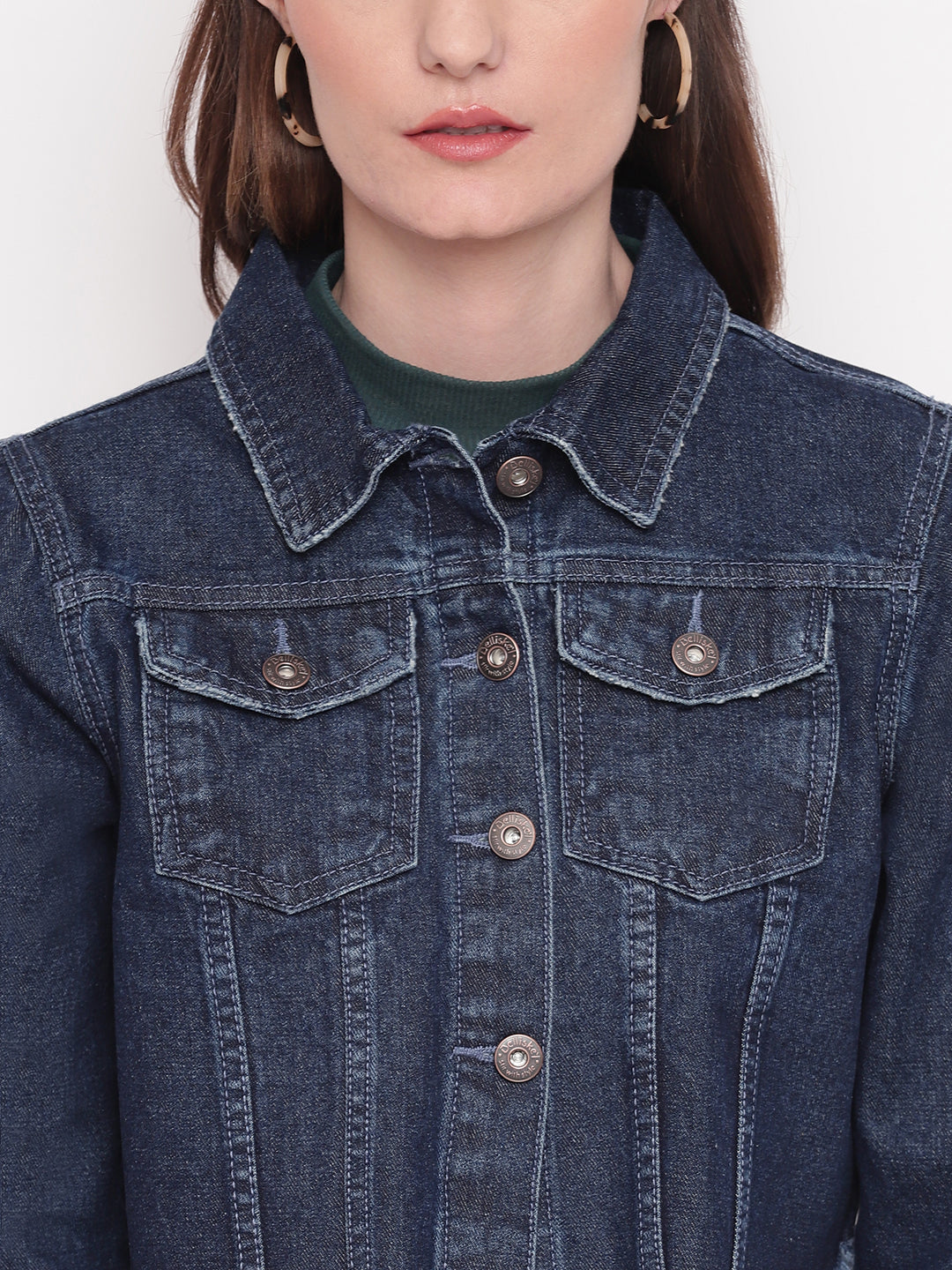 Women Cropped Dark Blue Denim Jacket With Frey Hem