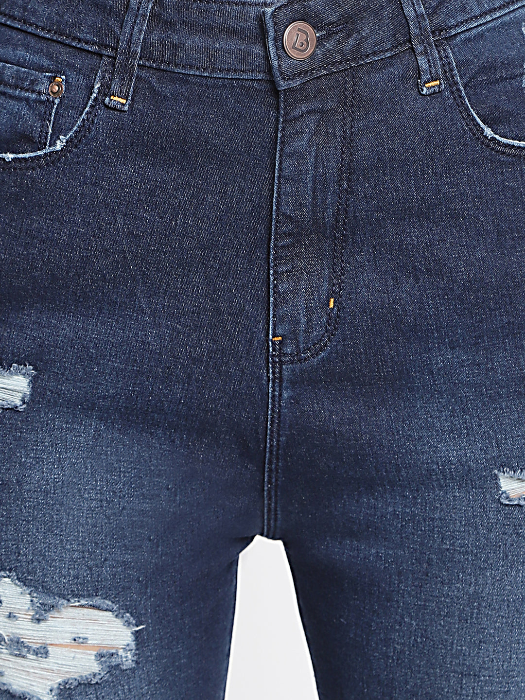 Women High Waist Dark Blue Distressed Slim Fit Denim Jeans