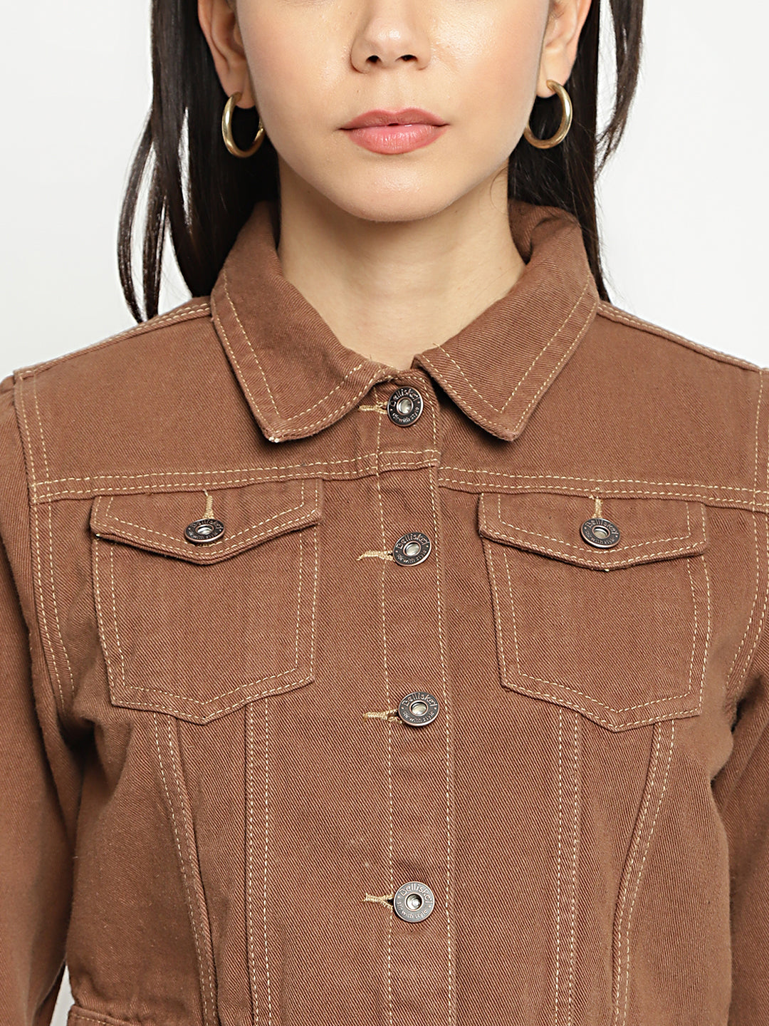 Women Brown Cropped Denim Jacket