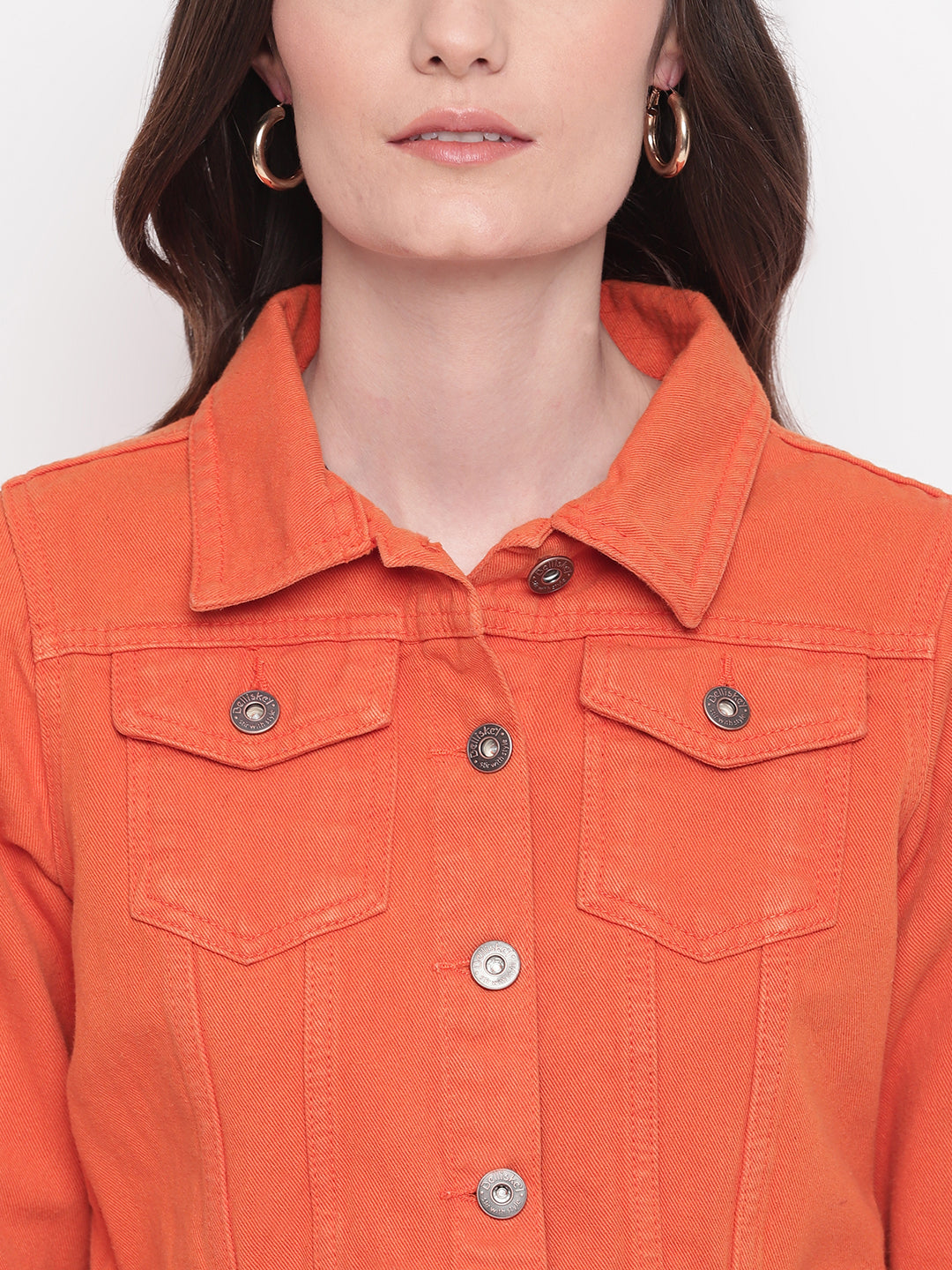 Women Orange Cropped Denim Jacket