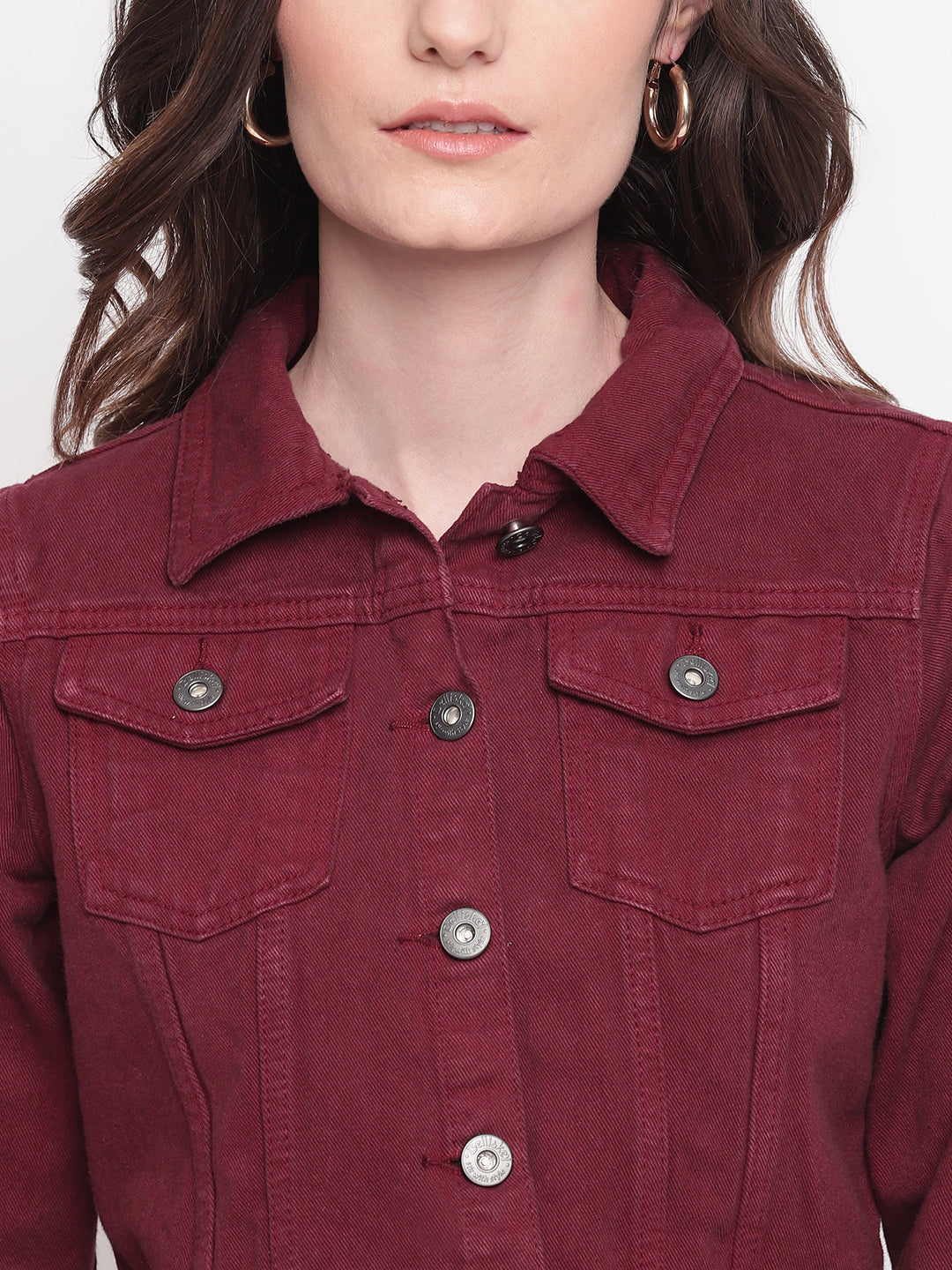 Women Maroon Cropped Denim Jacket