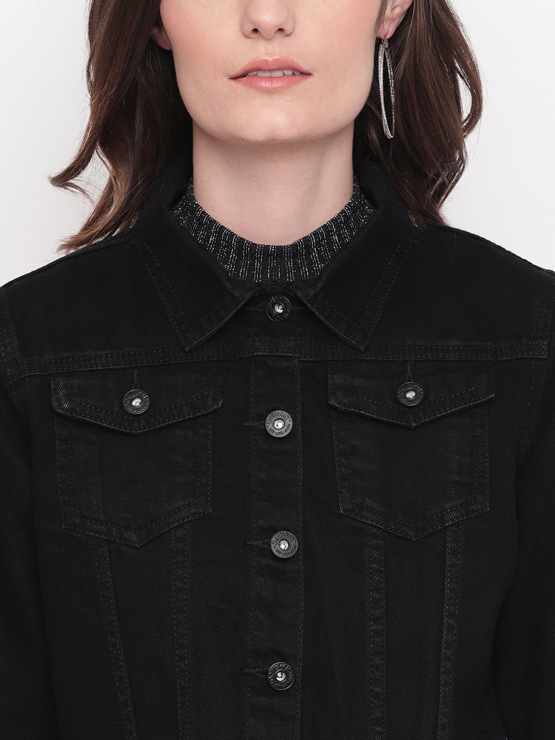 Women Cropped Black Denim Jacket With Frey Hem